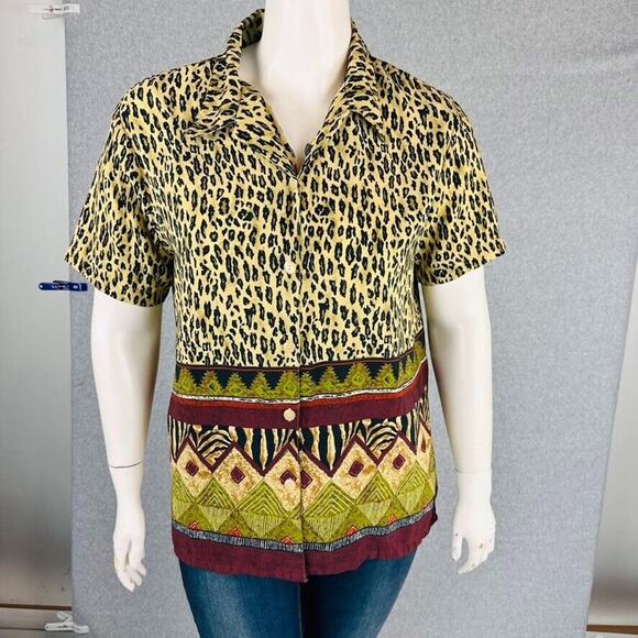 Vintage L&S Designs Sz XL Blouse Short Sleeve Collared Animal Abstract Button - Picture 2 of 8